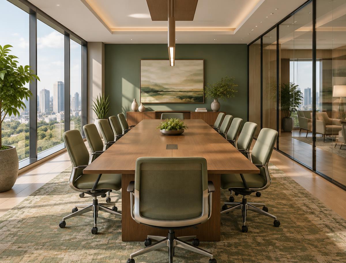 Conference room with a long table and city views available to medical suite tenants