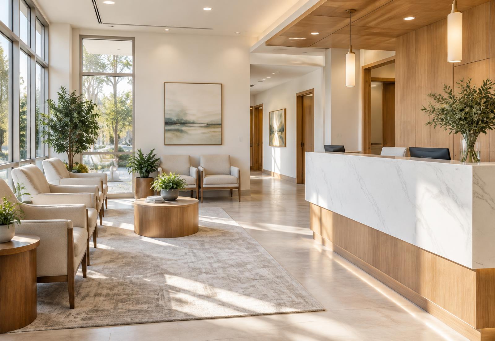 Bright reception area of a premium medical office suite with natural light and comfortable seating